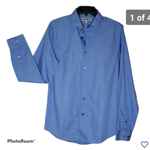 Express Other - Express fitted 14/14.5 men's button down dress blue polka-dot print shirt. 385